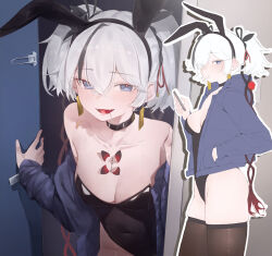 1girl alternate_costume animal_ear_hairband animal_ears bare_shoulders black_choker black_leotard black_thighhighs blue_eyes blue_jacket breasts camellya_(wuthering_waves) cellphone choker clothes_down collarbone commentary covered_navel doorway earrings fake_animal_ears gold_earrings hair_between_eyes hair_vines hairband hand_in_pocket highres holding holding_phone hood hood_down hooded_jacket jacket jewelry leotard light_blush lollipop_in_mouth looking_at_viewer medium_breasts multiple_views open_clothes open_jacket open_mouth phone playboy_bunny pov_doorway rabbit_ear_hairband rabbit_ears red_pupils short_hair smartphone smile strapless strapless_leotard tacet_mark_(wuthering_waves) thighhighs thighs white_hair wuthering_waves xaea_xp rating:Sensitive score:55 user:danbooru