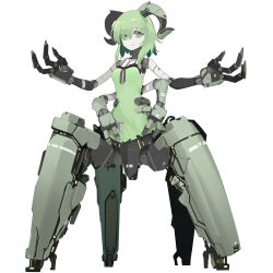  1girl android breasts commentary_request commission dress extra_arms extra_legs fewer_digits full_body green_dress green_eyes green_hair horns joints looking_at_viewer medium_breasts nanatsuki_sousuke original robot_joints skeb_commission smile solo white_background 