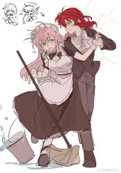  2girls apron ascot black_dress black_jacket blue_eyes blush bocchi_the_rock! broom bucket bucket_of_water chinese_commentary closed_mouth commentary_request cube_hair_ornament dress gotoh_hitori green_eyes hair_ornament hand_on_another&#039;s_waist highres holding_hands jacket kita_ikuyo lingyi long_hair looking_at_another maid maid_headdress multiple_girls open_mouth pink_hair red_hair smile sparkle sweat water white_apron white_ascot white_headdress wrist_cuffs yuri 