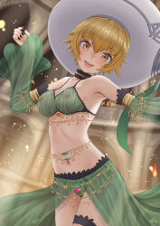  .hack// .hack//g.u. 1girl :d absurdres alternate_costume arm_up armpits atoli_(.hack//) bare_shoulders belly_chain belly_dancing black_collar black_nails blonde_hair blush breasts collar collarbone commentary_request commission covered_erect_nipples dancer dancing detached_sleeves green_panties hair_between_eyes harem_outfit hat head_tilt highres jewelry looking_at_viewer medium_breasts midriff nail_polish nao_suke navel open_mouth panties revealing_clothes see-through_clothes see-through_sleeves short_hair side-tie_panties sidelocks skeb_commission smile solo standing teeth thigh_strap underwear upper_teeth_only white_hat yellow_eyes  rating:Questionable score:35 user:danbooru