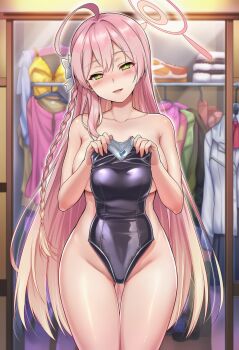  1girl ahoge black_one-piece_swimsuit blonde_hair blue_archive blush bow breasts clothes_hanger clothes_in_front collarbone completely_nude cowboy_shot gradient_hair green_eyes groin hair_bow halo hanako_(blue_archive) head_tilt highres holding holding_leotard holding_swimsuit holding_unworn_clothes huge_ahoge indoors large_breasts long_braid long_hair looking_at_viewer multicolored_hair nude okasa_re_taii one-piece_swimsuit pink_hair smile solo swimsuit thigh_gap unworn_swimsuit very_long_hair white_bow 