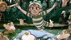  6+girls :d baby_animal bird blonde_hair brown_eyes bush chicken clumsy_nun_(diva) commentary diva_(hyxpk) duck duckling english_commentary food freckles frog froggy_nun_(diva) goggles green_one-piece_swimsuit grey_hair hat highres jumping little_nuns_(diva) multiple_girls nun old-fashioned_swimsuit one-piece_swimsuit open_mouth pond sandwich sheep_nun_(diva) smile spicy_nun_(diva) strict_nun&#039;s_mother_(diva) striped_clothes striped_one-piece_swimsuit swimsuit traditional_nun tree triangle_mouth 