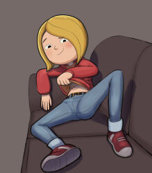  1girl absurdres belt black_eyes blonde_hair blush clothes_lift coach full_body half-closed_eyes harriet_m._welsch harriet_the_spy highres hood hoodie looking_at_viewer lying pants red_hoodie shirt_lift shoes short_hair smile smug sneakers solo terzeebo 