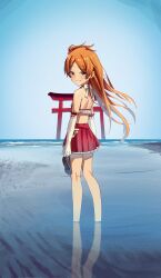 1girl :d absurdres bare_shoulders bikini blue_sky bow breasts cabbage_(chlehd2239) concept_maihime_(idolmaster) dot_nose elbow_gloves floating_hair frilled_gloves frilled_shirt frilled_skirt frills from_behind gloves hair_ribbon halter_shirt halterneck highres hip_vent holding holding_shoes holding_unworn_clothes horizon idolmaster idolmaster_million_live! idolmaster_million_live!_theater_days light_blush long_hair looking_at_viewer looking_back midriff miniskirt navel nontraditional_miko official_alternate_costume okobo open_mouth orange_eyes orange_hair outdoors parted_bangs platform_sandals pleated_skirt red_bikini red_ribbon red_skirt reflection reflective_water ribbon ribbon-trimmed_gloves ribbon-trimmed_shirt ribbon_trim sandals shirt shoes side-tie_bikini_bottom side_ponytail sidelocks skirt sky sleeveless sleeveless_shirt small_breasts smile solo standing swimsuit torii unworn_shoes wading waist_bow waves white_gloves white_mouth wind rating:Sensitive score:3 user:danbooru