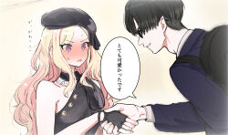  1boy 1girl beret black-framed_eyewear black_gloves black_hair black_hat black_jacket black_shirt blonde_hair blush commentary_request facing_another fingerless_gloves gakuen_idolmaster glasses gloves handshake hat hetero idolmaster jacket juo_sena kasasagi_(futagodori888) long_hair nose_blush official_alternate_costume our_chant_(idolmaster) producer_(idolmaster) purple_eyes shirt short_hair sleeveless sleeveless_shirt smile speech_bubble translation_request upper_body very_long_hair 