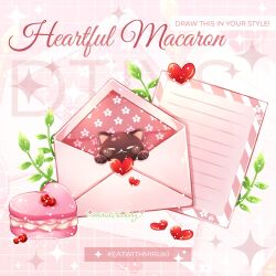  animal_focus artist_name baby_animal black_cat cat chocomiruki commentary_request draw_this_in_your_style_challenge english_text envelope fern food food_focus grid_background heart heart-shaped_food kitten letter light_particles love_letter macaron no_humans original pink_background valentine zoom_layer  rating:General score:1 user:danbooru