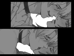  2boys absurdres adam&#039;s_apple choker closed_eyes collarbone commentary curtained_hair english_commentary greyscale hands_on_another&#039;s_shoulders highres honkai:_star_rail honkai_(series) licking_lips looking_at_another looking_to_the_side male_focus monochrome multiple_boys muzhhart_acc mydei_(honkai:_star_rail) open_mouth parted_bangs phainon_(honkai:_star_rail) profile saliva saliva_trail sequential tongue tongue_out yaoi 