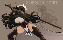  black_eyes black_hair breasts centurii-chan executioner_maid_(centurii-chan) gauntlets grey_background hema highres large_breasts long_hair long_sleeves made_in_2023 maid maid_headdress original simple_background sword thighhighs two-handed_sword waist_cape weapon 