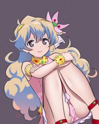  +_+ 1girl absurdres armlet blonde_hair blue_eyes blue_hair bracelet closed_mouth dress elementary_(lolipope) highres jewelry long_hair looking_at_viewer multicolored_hair nia_teppelin panties pantyshot pink_dress pink_panties sleeveless sleeveless_dress smile solo tengen_toppa_gurren_lagann two-tone_hair underwear 