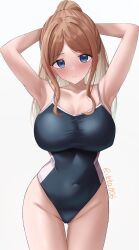  1girl absurdres arm_up armpits bang_dream! bang_dream!_it&#039;s_mygo!!!!! blue_eyes blue_one-piece_swimsuit blush breasts closed_mouth commentary_request competition_swimsuit covered_erect_nipples covered_navel highres large_breasts long_hair nagasaki_soyo one-piece_swimsuit rikka006 sidelocks solo swimsuit wet 