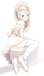 1girl ass bare_shoulders belt blonde_hair bow buckle closed_mouth dress female_focus frown full_body headdress highres kokudou_juunigou lace lace-trimmed_dress lace_trim leaning_to_the_side loli long_hair mary_janes off_shoulder original panties pantyshot reflection shoes simple_background sitting solo swept_bangs thighhighs underwear uniform upskirt white_background white_bow white_dress white_panties white_shoes yellow_eyes rating:Sensitive score:58 user:danbooru