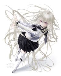  1girl absurdly_long_hair absurdres blonde_hair floating_hair full_body highres long_hair looking_at_viewer msa_(fary_white) original phalaenopsis_(msa_(fary_white)) purple_eyes school_uniform serafuku skirt slit_pupils solo thighhighs very_long_hair white_thighhighs zettai_ryouiki 