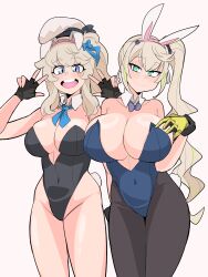  2girls :d absurdres alternate_breast_size alternate_costume animal_ear_hairband animal_ears beret black_gloves blonde_hair blue_eyes blue_ribbon detached_collar double_v facial_mark fake_animal_ears fingerless_gloves girls&#039;_frontline girls&#039;_frontline_2:_exilium gloves green_eyes green_hair hairband hat heart heart_facial_mark highres leotard multicolored_hair multiple_girls open_mouth playboy_bunny rabbit_ear_hairband rabbit_ears ribbon sharkry_(girls&#039;_frontline_2) side_ponytail smile streaked_hair teeth two_handy upper_teeth_only v vepley_(girls&#039;_frontline_2) yellow_gloves 