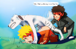  2012 2boys akamaru_(naruto) anal anonanim ass bestiality blonde_hair blue_eyes cum cum_in_ass cum_in_mouth cum_on_ass cum_on_body cum_on_lower_body dog drooling english_text facial interspecies inuzuka_kiba jumpsuit male_focus male_penetrated multiple_boys naruto_(classic) naruto_(series) sex shota tongue tongue_out uncensored uzumaki_naruto yaoi  rating:Explicit score:318 user:zyiiop
