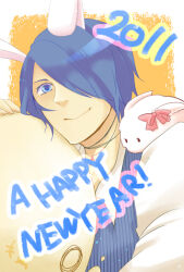  1boy 2011 animal_ears blue_eyes blue_hair blue_vest chinese_zodiac closed_mouth clown_(ragnarok_online) commentary_request hair_over_one_eye happy_new_year looking_at_viewer lunatic_(ragnarok_online) male_focus new_year orange_background picojan_w rabbit rabbit_boy rabbit_ears ragnarok_online shirt short_hair smile solo upper_body vest white_shirt year_of_the_rabbit 