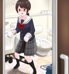 1girl ^^^ absurdres bag bathroom black_pantyhose black_shoes blue_shirt blush bow bowtie breast_pocket brown_eyes brown_hair buttons caught clothes_pull commission door embarrassed female_focus flat_chest from_outside full_body grey_skirt hands_up highres holding indoors legs_apart long_hair long_sleeves looking_at_viewer matching_hair/eyes miniskirt nose_blush open_mouth original panties panty_pull pantyhose pantyhose_pull pee peed_self plaid_clothes plaid_skirt pleated_skirt pocket ponytail puddle red_bow red_bowtie sailor_collar school_bag school_uniform shirt shoes sidelocks skeb_commission skirt sneakers solo standing tears tile_floor tiles toilet toilet_paper underwear unworn_shoes urabe_miyabi wet wet_clothes wet_panties white_sailor_collar wide-eyed rating:Questionable score:75 user:AngryZapdos