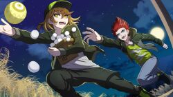  2boys :d absurdres aqua_eyes baseball_cap brown_hair copyright_notice denim fang full_moon green_eyes green_hat green_jacket green_shirt grey_shirt hair_between_eyes hat highres holding jacket jeans jewelry male_focus medium_hair moon multiple_boys necklace official_art open_mouth pants red_hair running shirokane_haru shirt short_hair sky smile star_(sky) starry_sky sweatdrop taiga_(tribe_nine) teeth tribe_nine tsukimi upper_teeth_only wheat_field 
