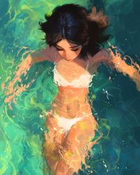 1girl bikini black_hair closed_eyes eyelashes from_above highres lips navel original partially_submerged refraction sam_yang solo swimsuit water white_bikini rating:Sensitive score:48 user:danbooru