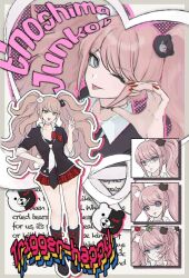  1girl :d :p bear_hair_ornament black_boots black_shirt boots bow danganronpa:_trigger_happy_havoc danganronpa_(series) english_text enoshima_junko full_body hair_ornament hand_up highres miniskirt monokuma multiple_views nail_polish open_mouth plaid_clothes plaid_skirt red_bow red_nails red_skirt shirt skirt smile tongue tongue_out twintails ujuui_msmz v 