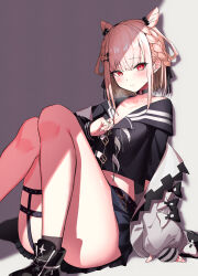1girl absurdres ass belt black_choker black_sailor_collar black_shirt black_skirt blush braid chest_belt choker convenient_leg crop_top double_bun french_braid hair_bun hair_ornament hairclip highres long_sleeves looking_at_viewer microskirt midriff miniskirt o-ring o-ring_choker open_belt open_clothes open_shirt osechi_(pixiv56606477) pleated_skirt red_eyes sailor_collar school_uniform shiratama_utano shirt sitting skindentation skirt solo thigh_strap undressing univirtual virtual_youtuber white_belt white_hair white_shirt rating:Sensitive score:8 user:danbooru