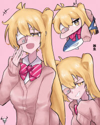  1girl :d absurdres akita_neru blonde_hair cardigan collared_shirt cosplay fang hair_between_eyes highres laphurus long_hair long_sleeves looking_at_viewer open_mouth pink_background pink_cardigan ruru_(shinsei_kamattechan) ruru_(shinsei_kamattechan)_(cosplay) shinsei_kamattechan shirt simple_background sleeves_past_wrists smile solo sweater upper_body white_shirt yellow_eyes zako_(vocaloid) 
