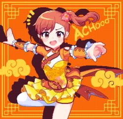  1girl blush breasts brown_eyes brown_hair chinese_clothes cowboy_shot dress drop_shadow futami_mami hotshosho idolmaster idolmaster_(classic) idolmaster_million_live! idolmaster_million_live!_theater_days looking_at_viewer official_alternate_costume open_mouth orange_background orange_hair outstretched_arms pixel_art short_hair side_ponytail solo spread_arms standing standing_on_one_leg yellow_dress 