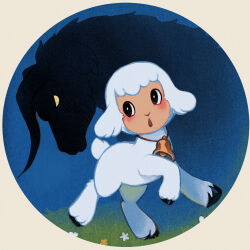 animal animal_focus baby_animal bell blush chirin chirin_no_suzu daffidaizy flower grass highres hooves horns lamb neck_bell no_humans shadow sheep sheep_horns silhouette yellow_eyes