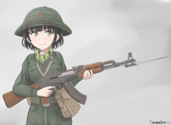  1girl artist_name assault_rifle bag bayonet belt black_hair blunt_bangs brown_bag chin_strap closed_mouth collared_shirt commentary finger_on_trigger frown green_belt green_eyes green_hat green_shirt grey_background gun hat hat_ornament highres holding holding_gun holding_weapon kalashnikov_rifle long_sleeves looking_away looking_to_the_side military military_hat military_uniform open_collar original pale_skin pavn pocket rifle satchel savankov shirt short_hair soldier solo spike_bayonet star_(symbol) type_56_assault_rifle upper_body utility_belt vietnam_war weapon 