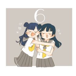 &gt;_&lt; 2girls :d animification blue_hair blunt_bangs blush border closed_eyes commentary countdown facing_viewer grey_background grey_sailor_collar grey_skirt hair_bun heart hug kase_(ks_lys) kobayashi_aika long_hair love_live! love_live!_sunshine!! miniskirt multiple_girls neckerchief open_mouth outside_border pleated_skirt real_life sailor_collar school_uniform serafuku shirt simple_background single_side_bun skirt sleeveless sleeveless_shirt smile sparkle summer_uniform tie_clip tsushima_yoshiko u_u uranohoshi_school_uniform voice_actor voice_actor_connection white_border white_shirt xd yellow_neckerchief 