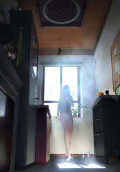 algenpfleger barefoot bottle bowl chest_of_drawers counter cup plate johannes_voss leaning long_hair mochiguman mug no_pants panties photorealistic plant realistic refrigerator solo stove towel underwear white_panties window rating:Sensitive score:7 user:danbooru