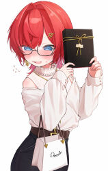  1girl 3znk @_@ absurdres ange_katrina ange_katrina_(5th_costume) averting_eyes bag belt black-framed_eyewear black_pants blue_eyes blush brown_belt clothing_cutout commentary commentary_request cowboy_shot denim earrings english_commentary flying_sweatdrops frilled_shirt_collar frills gift glasses gold_earrings gold_necklace hair_intakes hair_ornament hairpin hands_up highres holding holding_gift jeans jewelry layered_shirt long_sleeves mixed-language_commentary necklace nijisanji nose_blush open_mouth pants puffy_long_sleeves puffy_sleeves raised_inner_eyebrows red_hair semi-rimless_eyewear shirt shirt_tucked_in short_hair shoulder_cutout shy simple_background sleeves_past_wrists smile solo sweatdrop three_quarter_view triangle_earrings turning_head valentine variant_set virtual_youtuber white_background white_bag white_shirt 