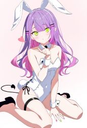  1girl animal_ears bare_arms between_legs black_ribbon black_shoes blush breasts cleavage collarbone covered_navel demon_tail detached_collar ear_piercing fake_animal_ears green_eyes green_nails hair_ornament hairband hairclip hand_between_legs heart hololive leotard looking_at_viewer medium_breasts multicolored_hair multicolored_nails piercing pink_hair pink_nails playboy_bunny pointy_ears purple_hair rabbit_ears rabbit_tail ribbon shoes sitting solo strapless strapless_leotard tail take_(user_tnuv3534) thigh_strap tokoyami_towa two-tone_hair virtual_youtuber wariza white_hairband white_leotard white_wrist_cuffs wrist_cuffs 