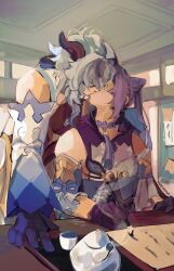  2girls blue_gloves blue_hair blush calligraphy_brush commentary detached_sleeves ganyu_(genshin_impact) genshin_impact gloves hashtag-only_commentary highres holding holding_calligraphy_brush holding_paintbrush horns indoors keqing_(genshin_impact) kiss kiss_from_behind multiple_girls paintbrush purple_gloves purple_hair tapeanna tassel teapot yuri 