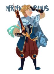  1girl alternate_costume artist_name bishoujo_senshi_sailor_moon black_gauntlets blonde_hair blue_eyes blue_scarf brown_pants commentary english_commentary full_body gun highres holding holding_gun holding_weapon neptune_symbol pants renareve scarf short_hair simple_background solo standing ten&#039;ou_haruka weapon white_background 