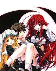 10s 1boy 2girls absurdres asia_argento blonde_hair green_eyes high_school_dxd highres hyoudou_issei long_hair miyama-zero multiple_girls official_art pimp red_hair rias_gremory wings rating:Sensitive score:16 user:spiderfan