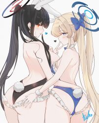  2girls absurdres alternate_costume animal_ears ash_(cat7evy) ass backless_leotard bare_back bare_shoulders black_gloves black_hair black_halo blonde_hair blue_archive blue_bow blue_eyes blue_halo blush bow breasts closed_mouth collar commentary detached_collar fake_tail film_grain from_behind gloves hair_between_eyes hair_bow halo hand_on_another&#039;s_ass hand_up high_ponytail highres leotard long_hair looking_at_viewer looking_back medium_breasts multiple_girls parted_lips playboy_bunny ponytail rabbit_ears rabbit_tail red_eyes rio_(blue_archive) signature simple_background strapless strapless_leotard symbol-only_commentary tail toki_(blue_archive) toki_(bunny)_(blue_archive) v v_over_mouth very_long_hair white_background white_collar 