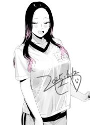  1girl :d blush breasts class_number commentary cowboy_shot dated forehead goshiki_suzu greyscale gym_shirt gym_shorts gym_uniform konishiya_shiyori_(goshiki_suzu) large_breasts long_hair monochrome name_tag open_mouth original parted_bangs pink_hair raised_eyebrows shirt short_sleeves shorts signature simple_background smile solo spot_color t-shirt teeth white_background 