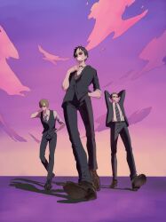  3boys absurdres arms_behind_head black_hair black_suit black_vest blonde_hair cloud curly_eyebrows enaka67 facial_hair formal_clothes full_body goatee green_hair hand_in_pocket hashtag-only_commentary highres looking_at_viewer male_focus monkey_d._luffy multiple_boys necktie one_piece outdoors roronoa_zoro sanji_(one_piece) shadow shirt smile suit sunglasses sunset vest white_shirt 