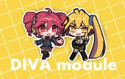 2girls akita_neru black_boots black_skirt blonde_hair boots chibi chibi_only detached_sleeves drill_hair full_body grey_shirt grey_skirt grid_background headset holding holding_phone kasane_teto long_sleeves miniskirt multiple_girls necktie neirozum open_mouth outline phone pleated_skirt red_eyes red_hair shirt side_ponytail skirt sleeveless sleeveless_shirt smile standing thigh_boots thigh_strap twin_drills utau vocaloid white_outline yellow_background yellow_eyes yellow_necktie 
