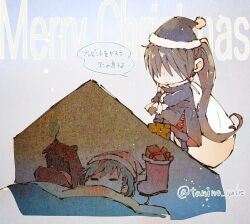  =_= black_boots black_coat black_pants black_robe blue_hair boots box brown_hair chibi chibi_only chimney christmas closed_eyes coat english_text eye_print fur-trimmed_headwear fur_trim gift gift_box gradient_background hair_over_eyes hat highres holding holding_sack jyu_viole_grace khun_aguero_agnis lizardman long_hair male_focus open_mouth pants ponytail rak_wraithraiser robe sack santa_hat simple_background sleeping solo speech_bubble squeans tanino_miho tongue tower_of_god twenty-fifth_bam twitter_username 