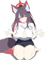  1girl absurdres alternate_costume animal_ear_fluff animal_ears austsue barefoot black_hair black_skirt blue_archive blush breasts cleavage closed_mouth colored_inner_hair fox_ears fox_tail highres long_hair looking_at_viewer makeup multicolored_hair nail_polish seiza shirt short_sleeves sidelocks sitting skirt smile solo tail two-tone_hair very_long_hair wakamo_(blue_archive) white_shirt yellow_eyes 