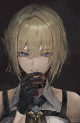  1girl bare_shoulders black_gloves blonde_hair blue_eyes collarbone collared_shirt commentary duplicate evelyn_chevalier eyebrows_hidden_by_hair eyes_visible_through_hair gloves hand_on_own_chin hand_up highres looking_at_viewer marumoru mole mole_under_eye parted_lips pixel-perfect_duplicate portrait shirt short_hair sleeveless sleeveless_shirt solo straight-on teeth white_shirt zenless_zone_zero 