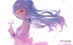 1girl chihiro_ayaka closed_mouth detached_sleeves dress floating_hair flower grey_hair highres holding holding_flower hololive long_hair looking_at_viewer murasaki_shion official_art scrunchie short_sleeves simple_background smile solo upper_body virtual_youtuber white_background white_dress white_scrunchie wrist_scrunchie 