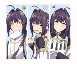  !? 1other ahoge androgynous anger_vein arm_guards black_hair blush braid braided_bun closed_mouth earrings ebi_fly_55 fate/grand_order fate/samurai_remnant fate_(series) hair_bun hair_down hair_intakes highres japanese_clothes jewelry long_hair long_sleeves looking_at_viewer magatama magatama_earrings official_alternate_hairstyle open_mouth orange_hair pointing pointing_at_viewer shoulder_guard sidelocks single_braid sleeves_past_wrists spoken_anger_vein spoken_squiggle squiggle yamato_takeru_(fate) yamato_takeru_(phantasmal_dress)_(fate) yamato_takeru_(third_ascension)_(fate) 