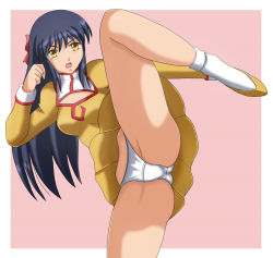 1990s_(style) 1girl agent_aika aika_(series) bobby_socks bow delmo dress female_focus golden_delmo hair_bow high_heels high_kick kicking leg_lift legs miniskirt panties pantyshot retro_artstyle rie_petoriyacowa short_dress skirt socks solo spread_legs standing underwear white_socks rating:Questionable score:27 user:somnophil