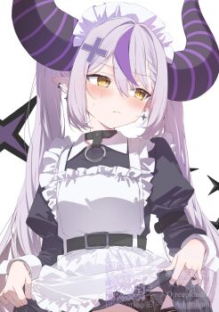  1girl alternate_costume apron black_dress black_horns blush braid braided_bangs clothes_lift collar demon_girl demon_horns dress frilled_apron frills grey_hair hair_between_eyes highres hololive horns huge_horns la+_darknesss lifting_own_clothes long_hair long_sleeves looking_to_the_side maid maid_apron maid_headdress metal_collar motoi_(croa76) multicolored_hair pointy_ears puffy_sleeves purple_hair purple_horns skirt skirt_lift solo streaked_hair striped_horns twintails very_long_hair virtual_youtuber white_apron wrist_cuffs yellow_eyes 