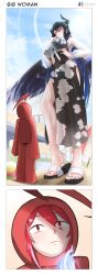  2girls 2koma ahoge artist_name ball bare_legs beach beach_umbrella beachball black_dress black_hair black_horns black_nail_polish black_toenails black_wings blue_fire bodysuit breasts broken_horn cloud comic commission dress elizabeth_rose_bloodflame feet finger_to_mouth fire floral_print from_below giant giantess hololive hololive_advent hololive_english hololive_justice horns large_breasts lens_flare long_hair looking_down looking_up mole mole_under_eye multiple_girls nail_polish nerissa_ravencroft o_o perspective red_eyes red_hair sand sandals shadow size_difference sky smile sundress the_raineman toenail_polish toenails toes transparent transparent_top umbrella virtual_youtuber white_sandals wings 