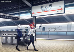  2girls ahoge alternate_costume arm_up bag black_pantyhose black_skirt blue_eyes blue_shirt central_japan_railway_company clenched_hand commentary commentary_request copyright_notice dark-skinned_female dark_skin day english_commentary female_focus full_body gloves grey_eyes gundam gundam_suisei_no_majo hair_bun hairband handbag high_heels highres holding holding_bag jacket long_sleeves miorine_rembran mixed-language_commentary multiple_girls n700 official_art open_mouth osaka_(city) outdoors outstretched_arm pantyhose red_hair scarf shinkansen shirt shoulder_bag single_hair_bun skirt smile suletta_mercury thick_eyebrows train train_station train_station_platform trash_can travel_attendant walking white_gloves white_hair 
