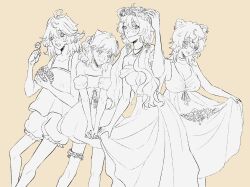  4girls ahoge alternate_costume animal_ears bare_shoulders breasts cleavage corset dokibird dress earrings ferret_ears ferret_girl flower food fruit ghost_girl head_wreath highres indie_virtual_youtuber jewelry laimu_(vtuber) large_breasts lime_(fruit) lime_slice medium_breasts medium_hair mint_fantome mullet multiple_girls raccoon_ears raccoon_girl short_hair sketch small_breasts snuffy_(vtuber) sunecznik tall_female twintails vinesauce virtual_youtuber 