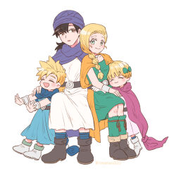  2boys 2girls belt bianca_(dq5) black_hair blonde_hair blue_cape blue_eyes blue_tunic blunt_bangs blush boots bow bracelet braid brown_boots cape cloak closed_mouth commentary_request dragon_quest dragon_quest_v dress family father_and_daughter father_and_son full_body green_bow green_dress hair_bow hair_over_shoulder hero&#039;s_daughter_(dq5) hero&#039;s_son_(dq5) hero_(dq5) hug husband_and_wife invisible_chair jewelry leaning_on_person long_hair looking_at_viewer low_ponytail mother_and_daughter mother_and_son multiple_boys multiple_girls neck_ring open_mouth orange_cape outstretched_arms parted_lips pink_cape pink_dress ponytail purple_cape purple_turban short_hair siblings single_braid sitting smile spiked_hair tsunao527 tunic twins twintails white_background white_boots white_tunic 